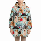 Front view of model wearing Dogs Are My Favorite People Blanket Hoodie showcasing the exact design on a white background.