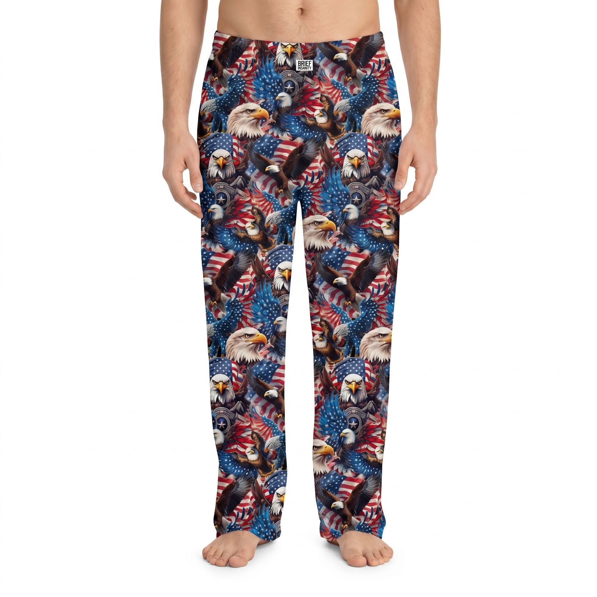 Model wearing Eagle Head Flag USA Lounge Pants on a white background, showing vivid patriotic print and natural fabric drape.