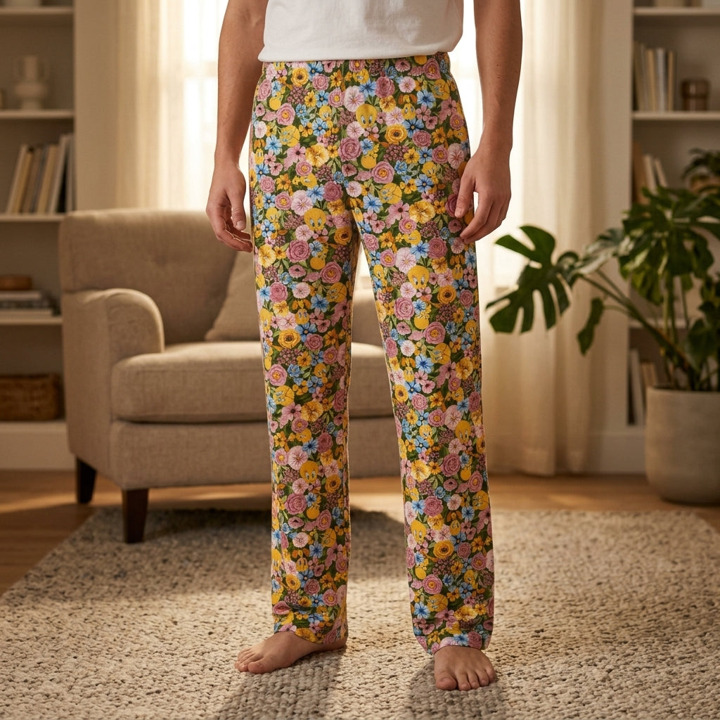 Model standing casually in cozy indoor setting wearing vibrant Floral Tweety Lounge Pants, showing the relaxed fit and breathable fabric.