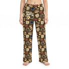 Female model wearing Gilmore Girls Luke's Coffee Diner Notes lounge pants, cropped from waist to ankles, centered, white background.