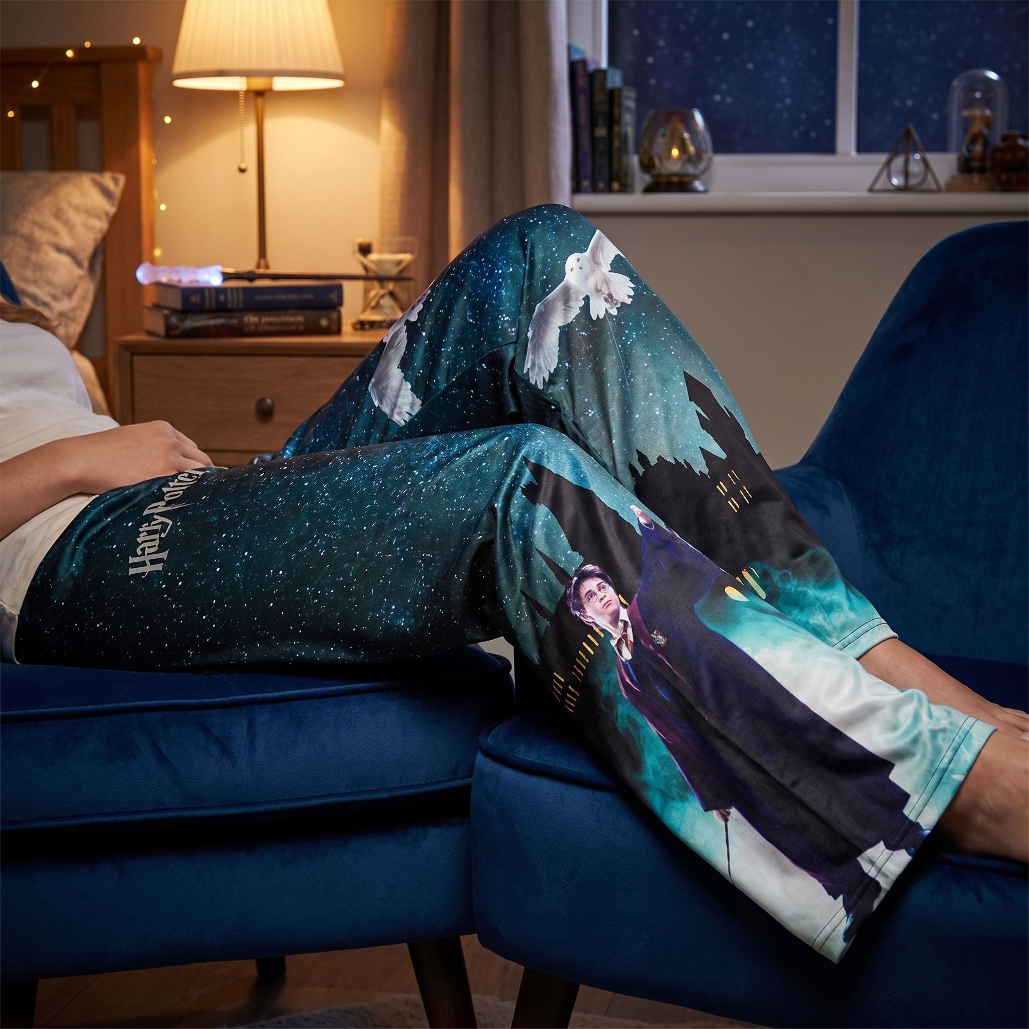 Hogwarts-themed Harry Potter Hedwig's Flight Pajama Pants on a relaxed model in a cozy bedroom with magical decor, highlighting vibrant nighttime design and silky texture.