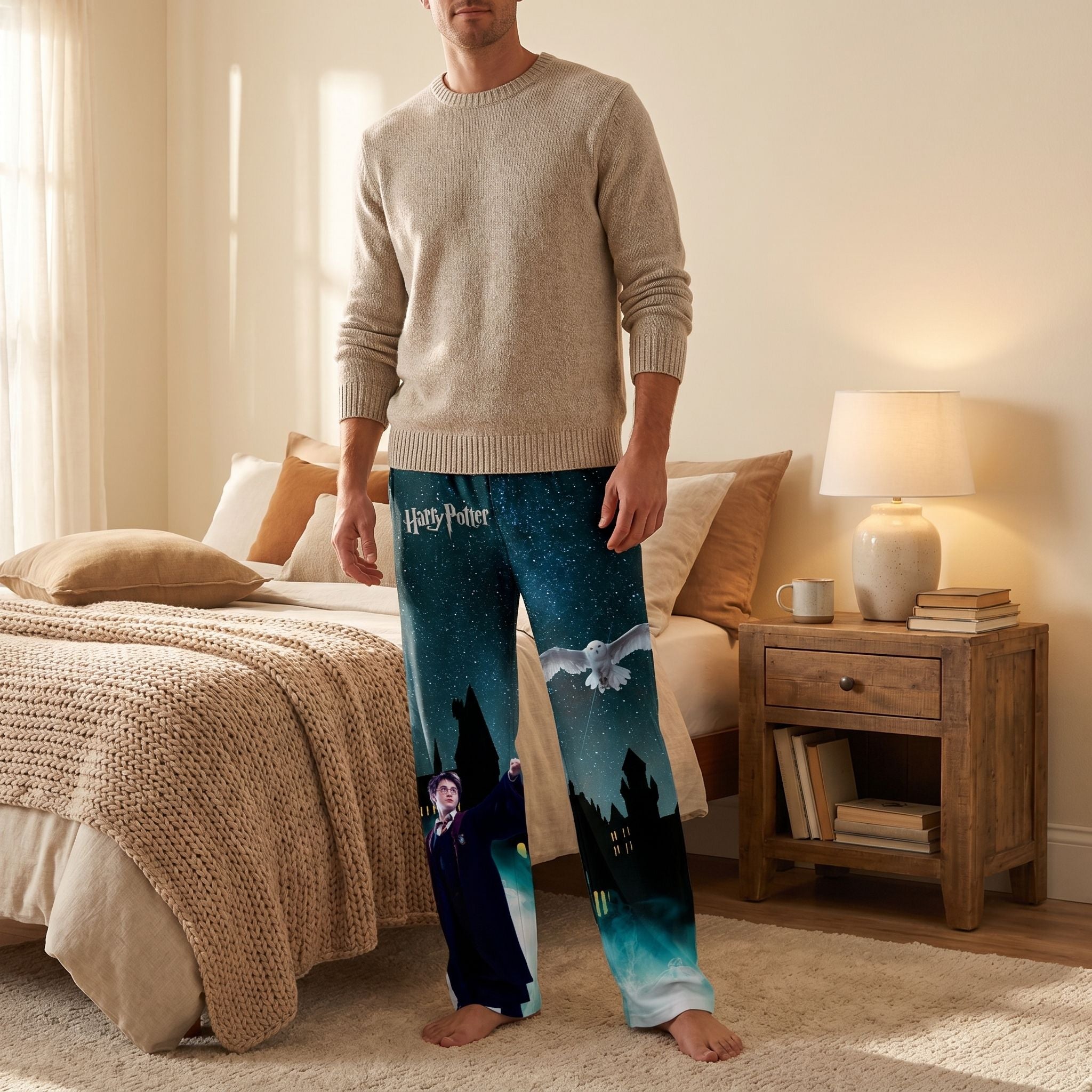 Male model wearing Harry Potter Hedwig's Flight pajama pants in a cozy bedroom setting with warm tones and minimal decor, emphasizing comfort and the detailed print.
