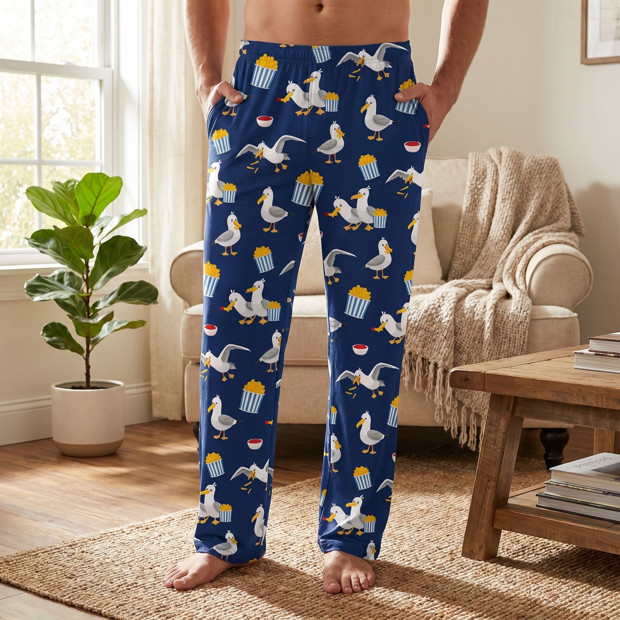 Model standing in sunlit room wearing Seagull French Fry Lounge Pants with fun print, in casual relaxed pose, cozy indoor setting.