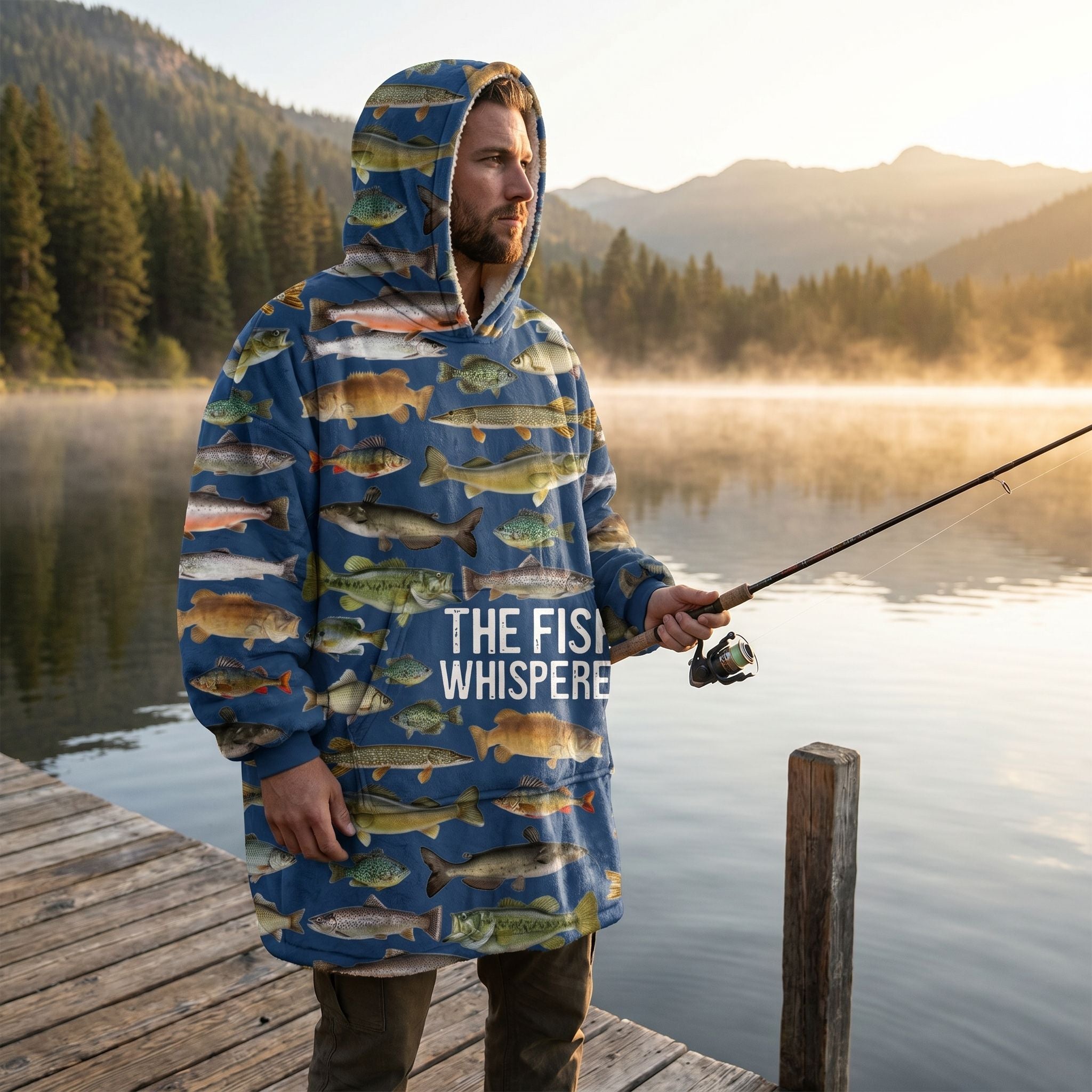 Realistic outdoor scene of a male model wearing the Fish Whisperer blanket hoodie on a lake dock at sunrise, holding a fishing rod.
