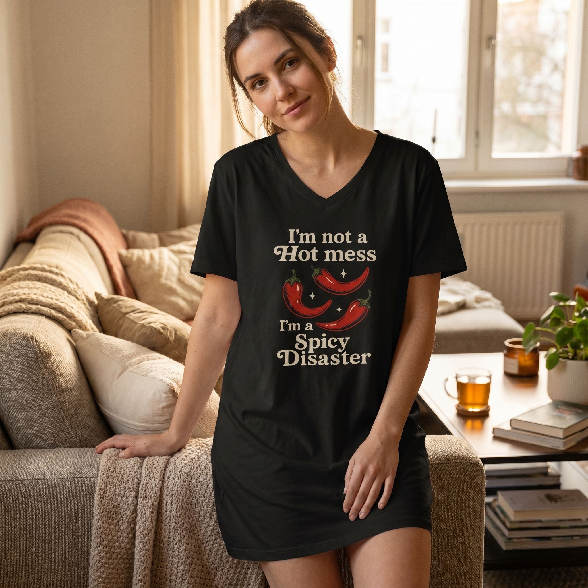 Model standing in a warmly lit living room wearing a Spicy Disaster Night Shirt with vibrant chili graphic, showcasing relaxed fit and playful style.