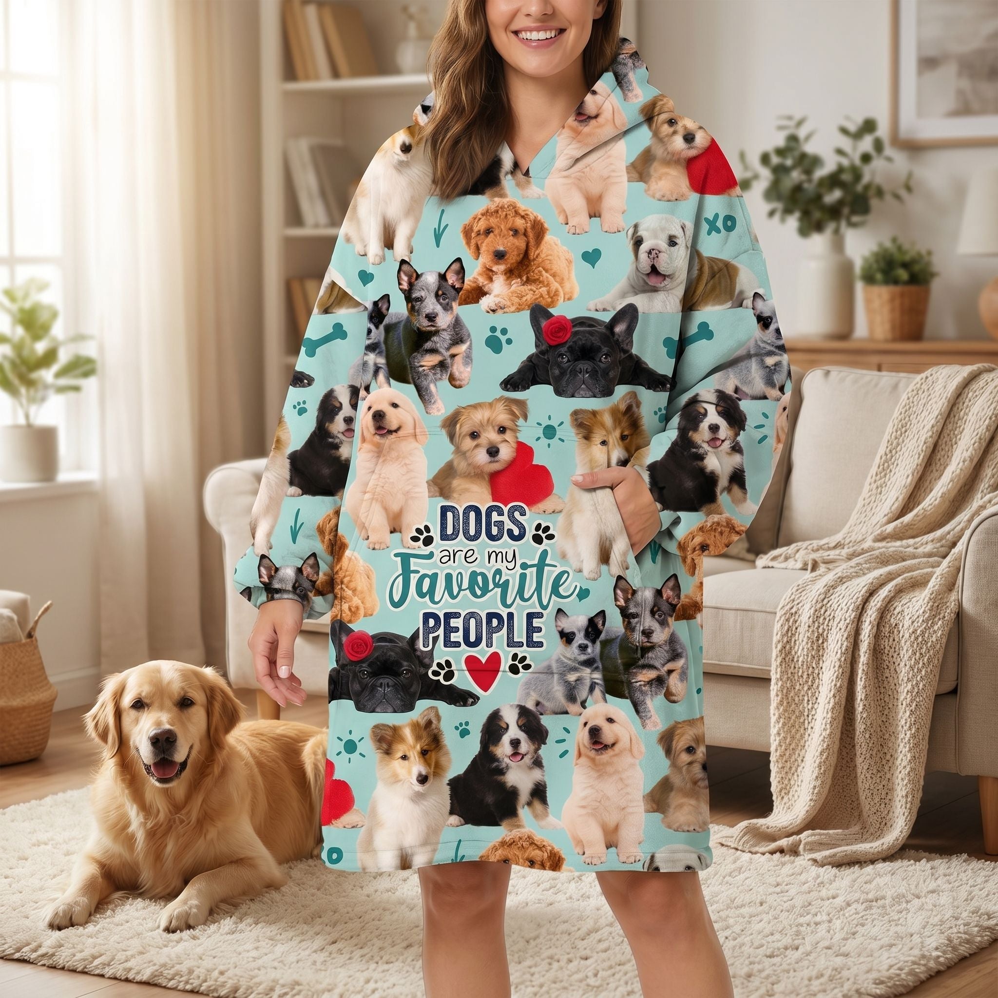 Lifestyle shot of woman in dog-themed blanket hoodie in living room with relaxed dog nearby, natural warm lighting.