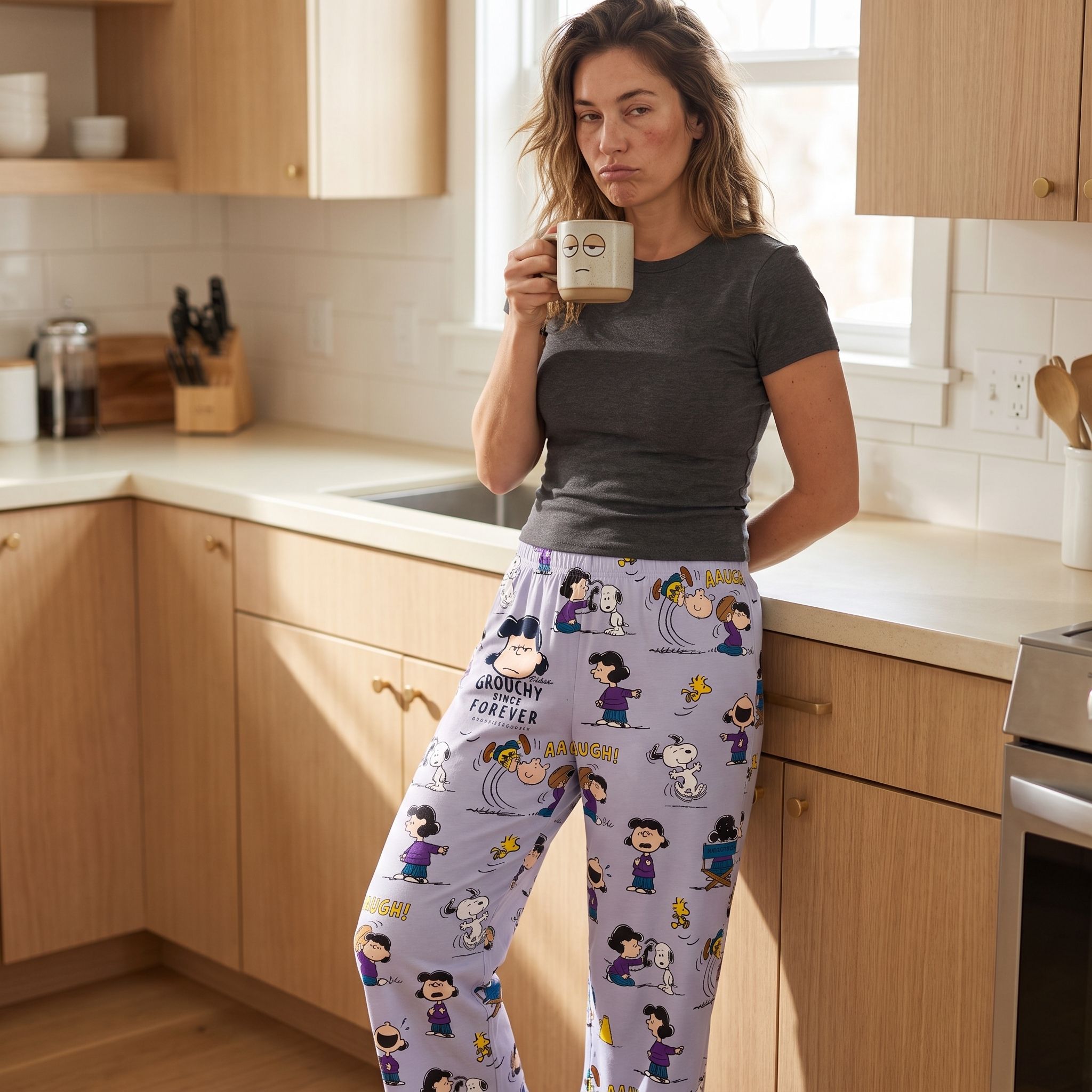 Adult female model wearing Snoopy Peanuts lounge pants, standing in bright modern kitchen, relaxed and holding coffee mug.