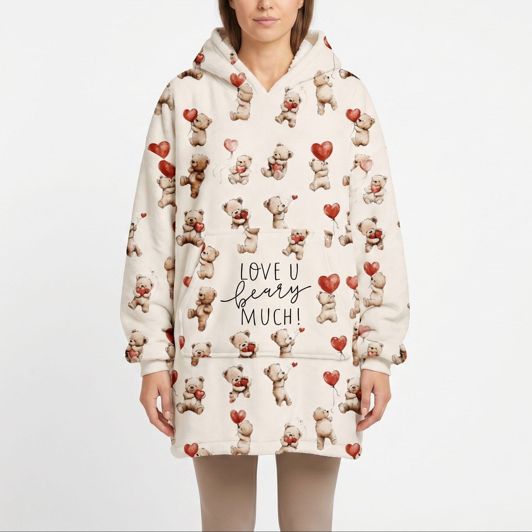 Oversized Love You Berry Much Blanket Hoodie on a model, displaying cuddly bears holding hearts and balloons design against a white background.