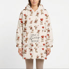 Oversized Love You Berry Much Blanket Hoodie on a model, displaying cuddly bears holding hearts and balloons design against a white background.