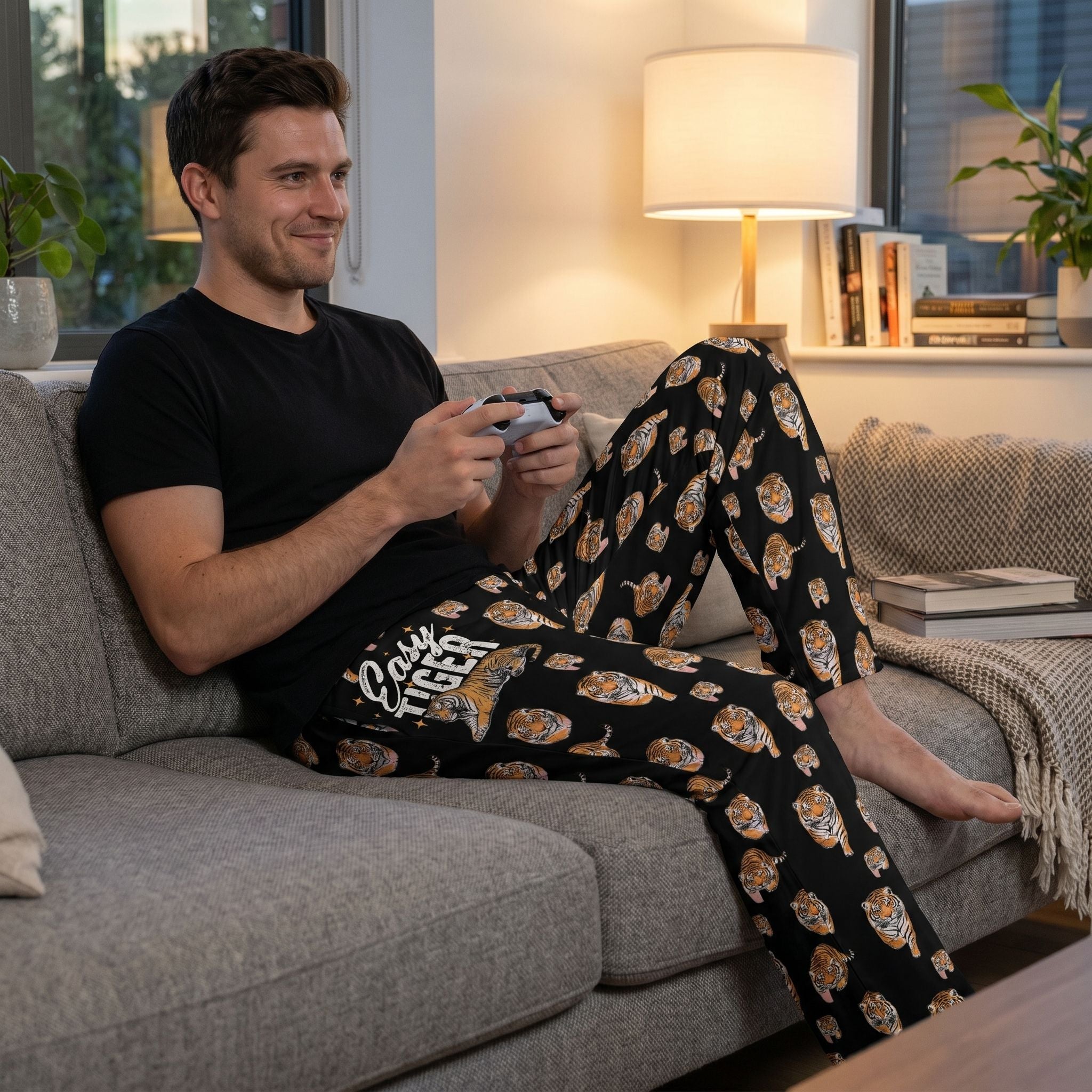 Male model wearing Easy Tiger Lounge Pants on a couch, holding a game controller in a cozy, modern living room.