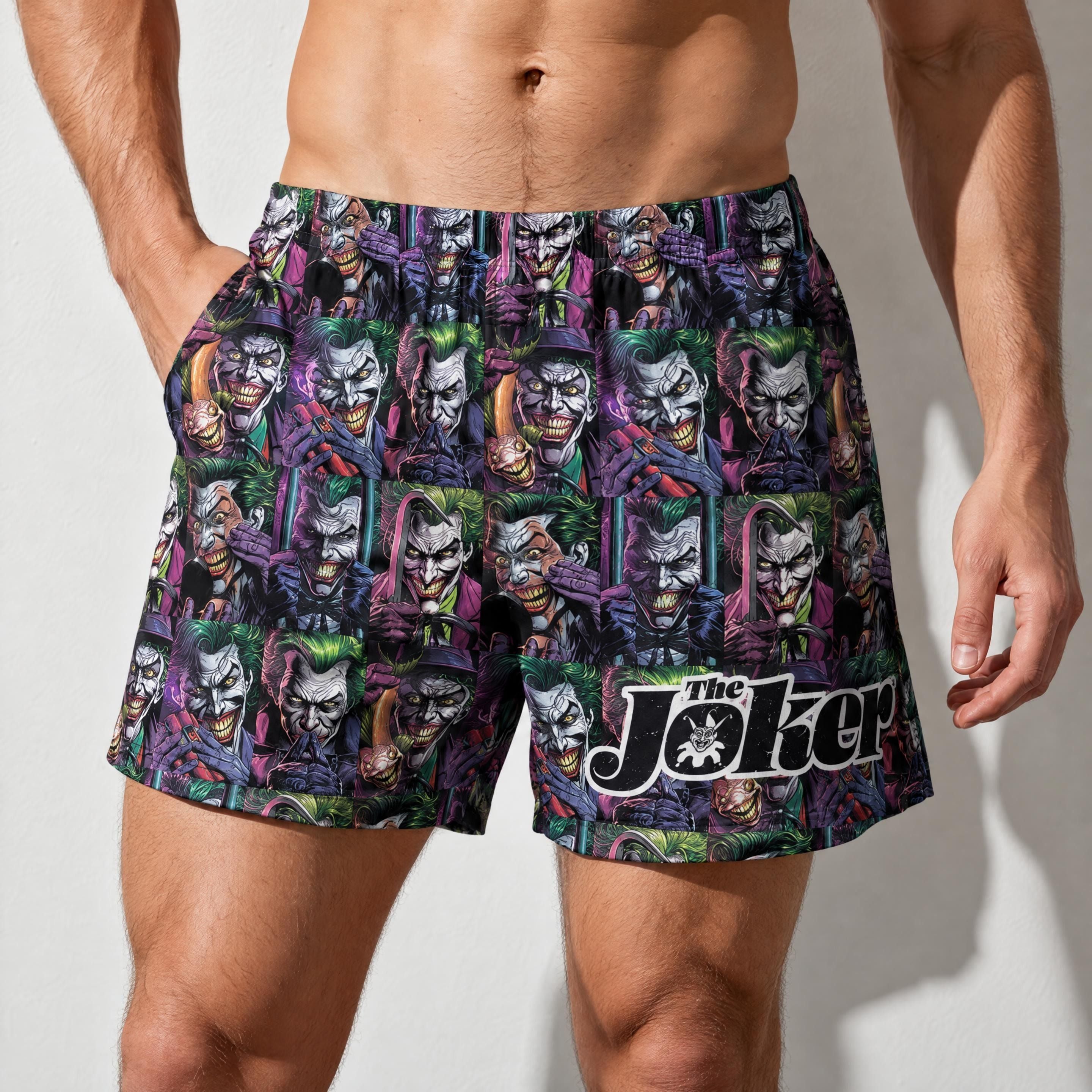 Male model wearing comfortable Joker print boxer shorts with a smooth, stretchy fit in a minimalist room.