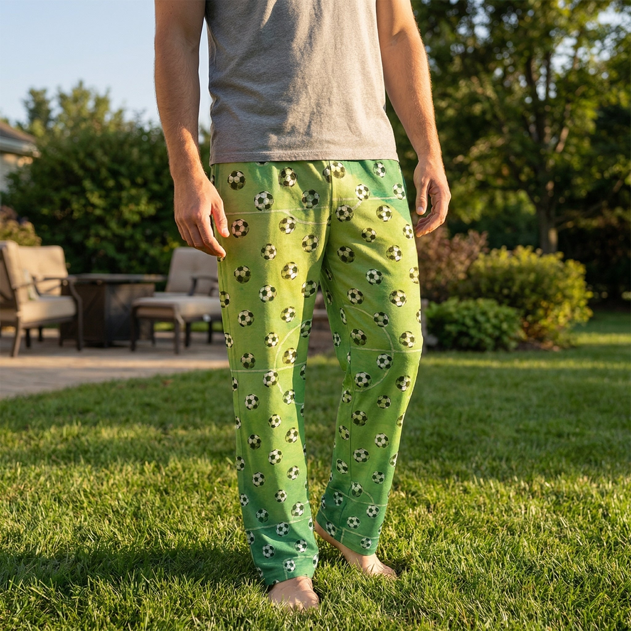 Male model wearing soccer lounge pants with soccer ball print on green field background in sunny backyard.