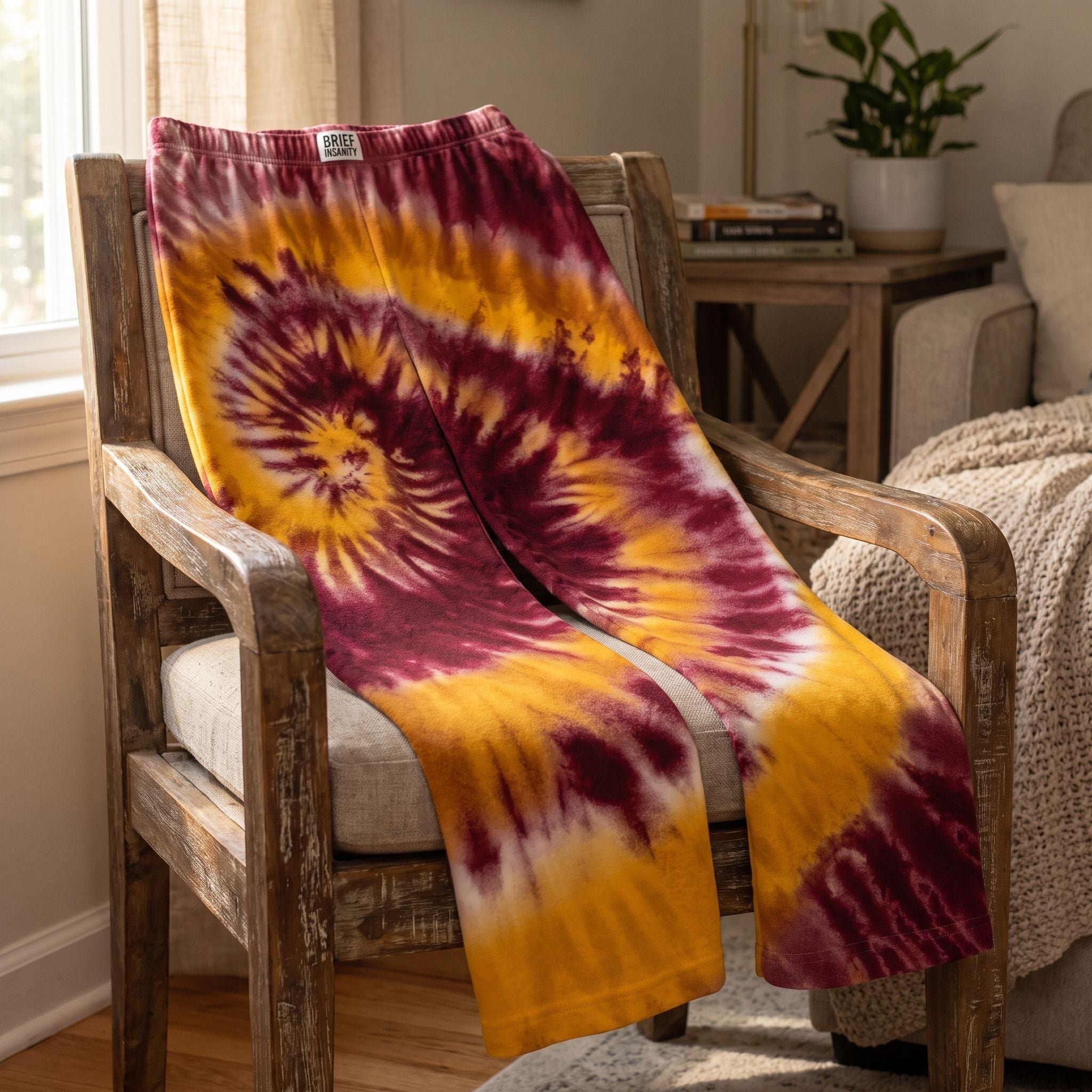 Close-up of maroon and gold tie dye lounge pants on a rustic wooden chair, highlighting intricate dye pattern and soft fabric texture.