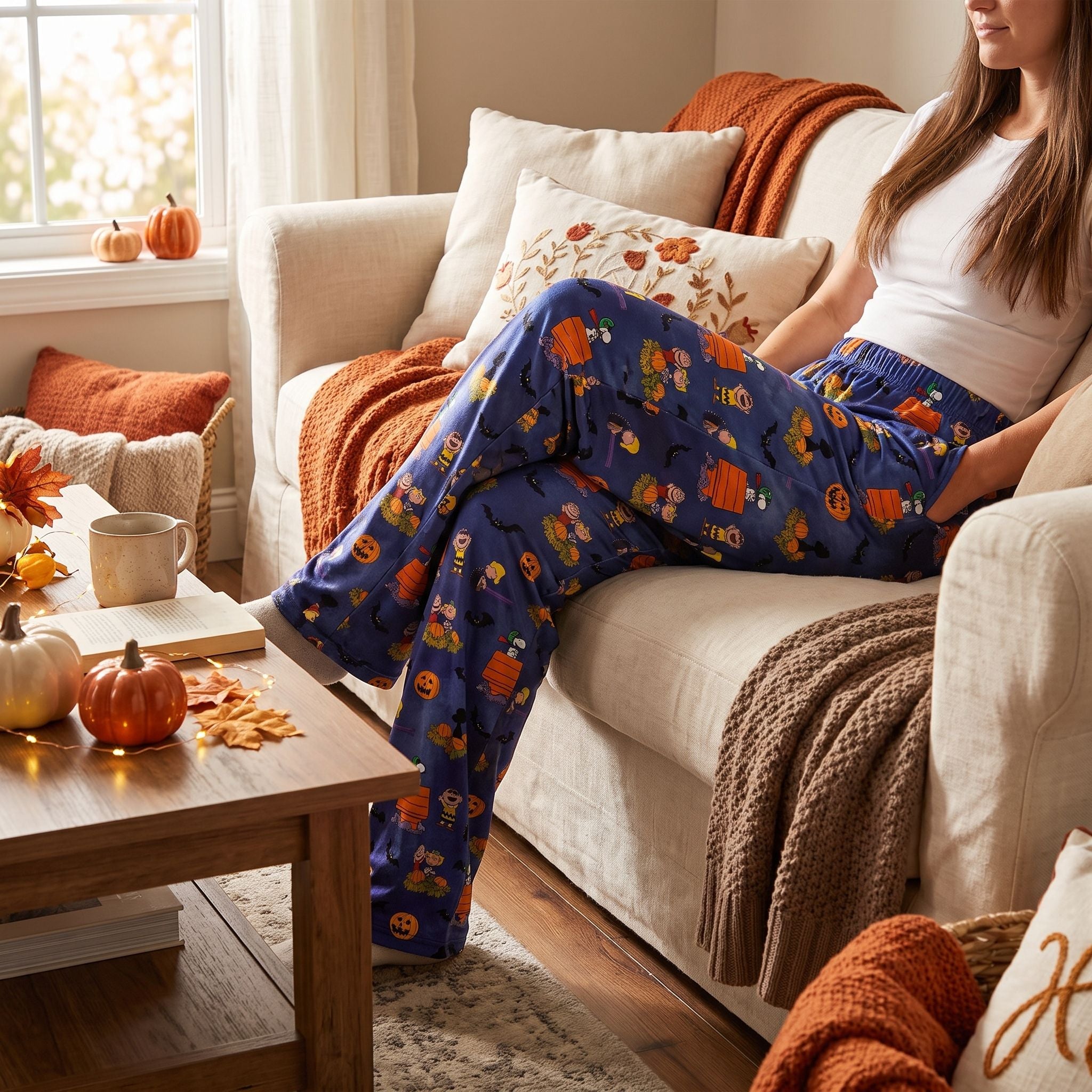 Full-body view of a person relaxing on sofa in Charlie Brown Great Pumpkin Lounge Pants, set in cozy autumn-themed indoor environment.