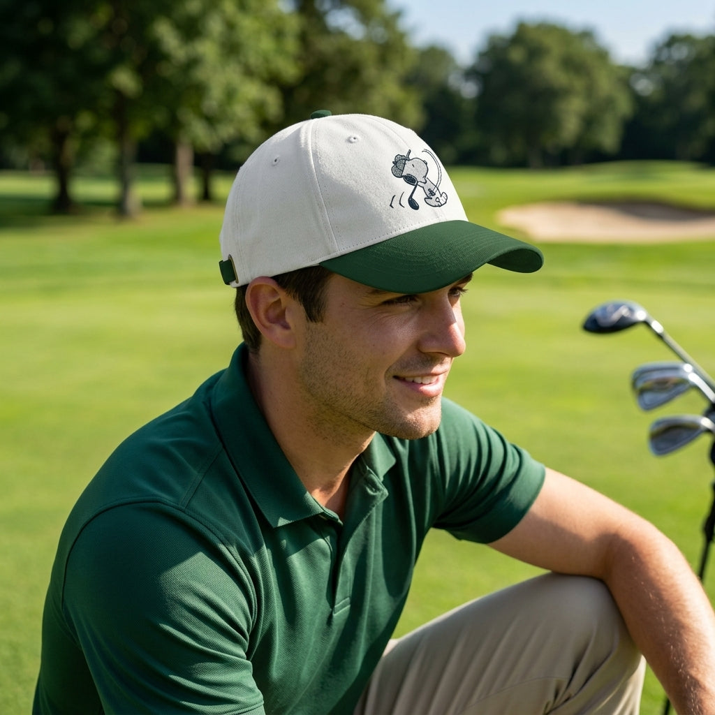Full-body shot of a model wearing Snoopy golf embroidered cap on a sunny golf course, emphasizing the cap's fit and embroidered details.