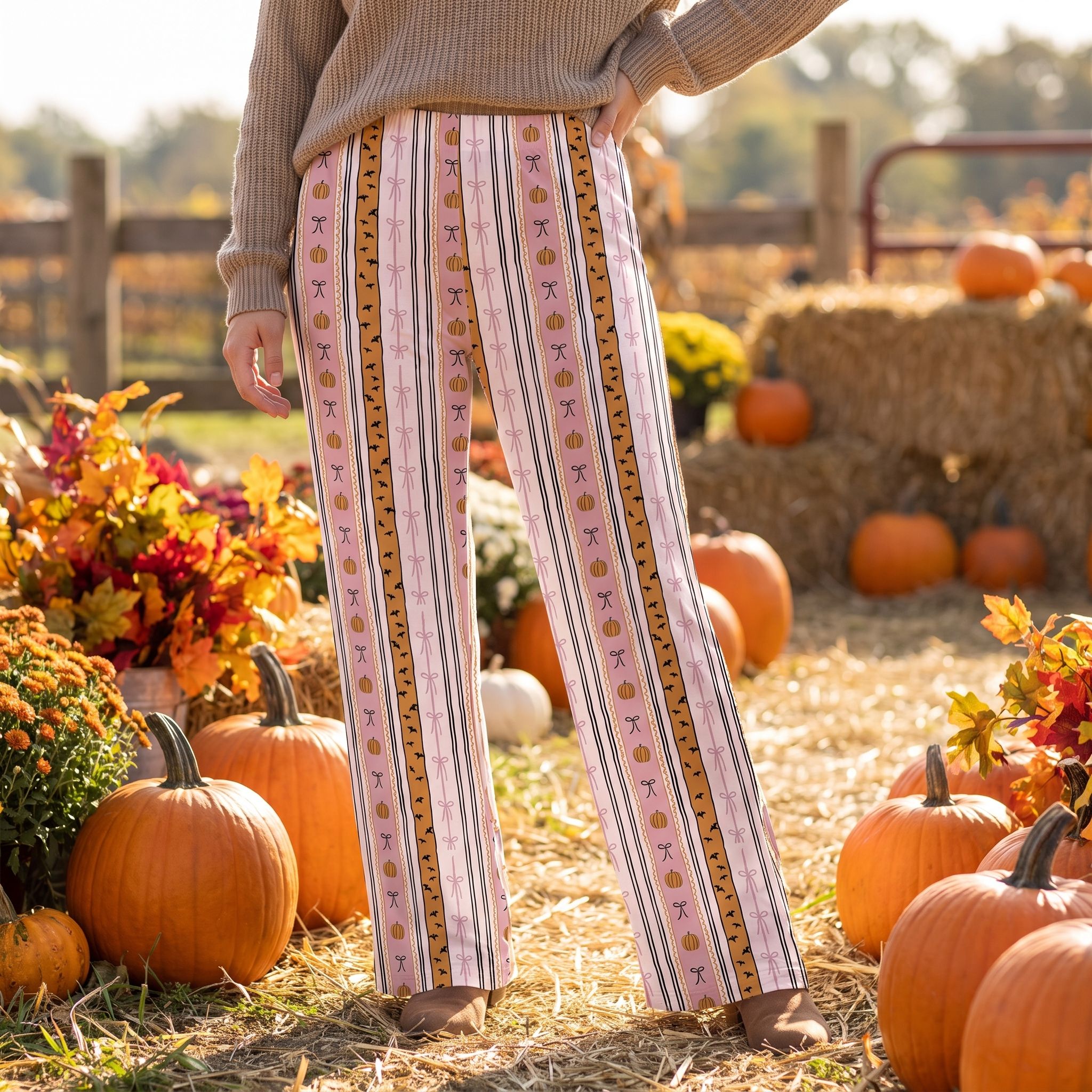 Model standing in a pumpkin patch wearing Halloween Bows & Stripes lounge pants, surrounded by pumpkins and fall leaves, with soft sunlight.