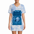 Model wearing Peanuts Linus' Desert Dreams night shirt featuring retro desert scene and graphics, against a white background.