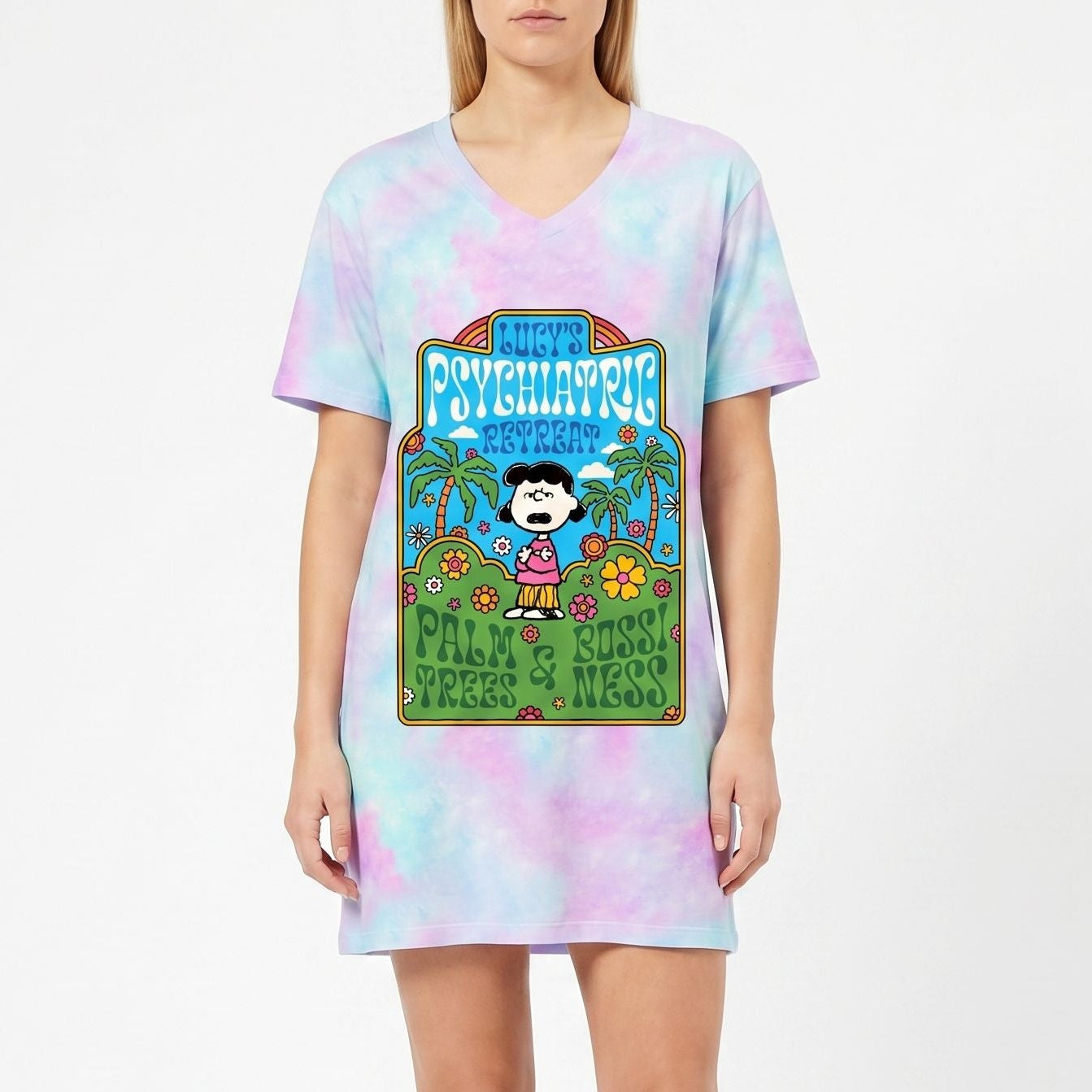 Colorful Peanuts Lucy psychiatric retreat night shirt with pastel tie-dye, floral details, and psychedelic-inspired design.