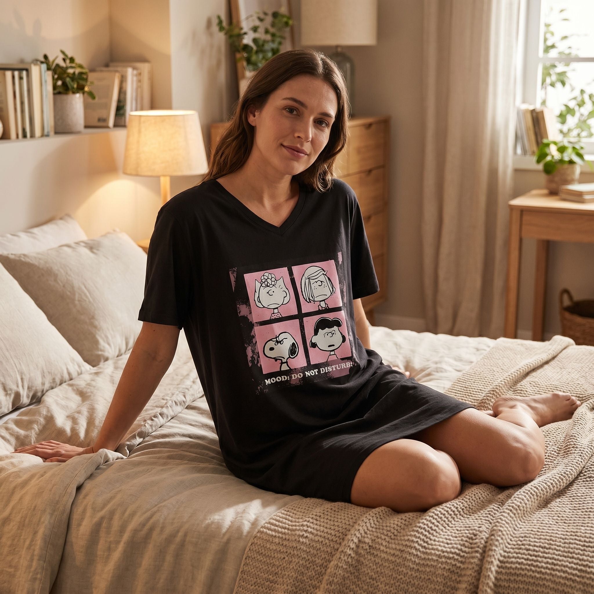 Model relaxing on bed in Peanuts Mood Do Not Disturb Night Shirt, showcasing its relaxed fit and distressed graphic in a cozy bedroom.