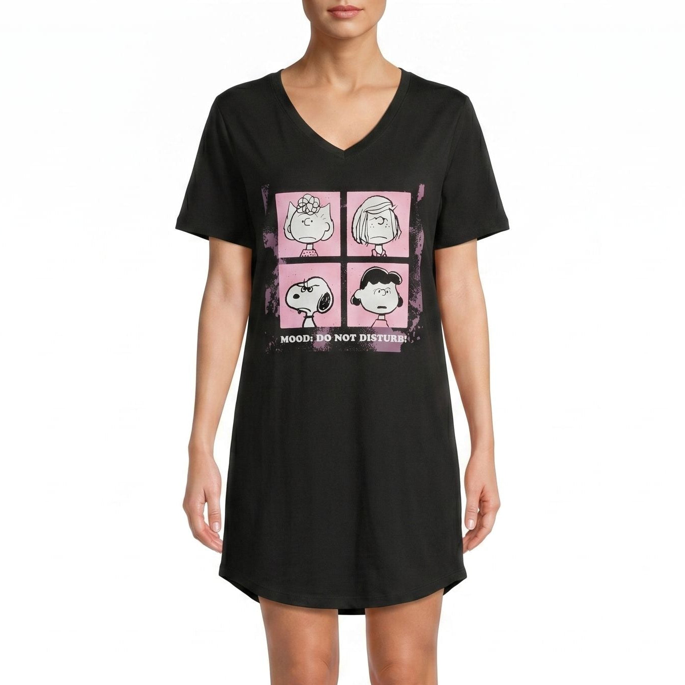 Model wearing Peanuts Mood Do Not Disturb night shirt, showing front view, centered on a white background with clear graphic and fabric drape.
