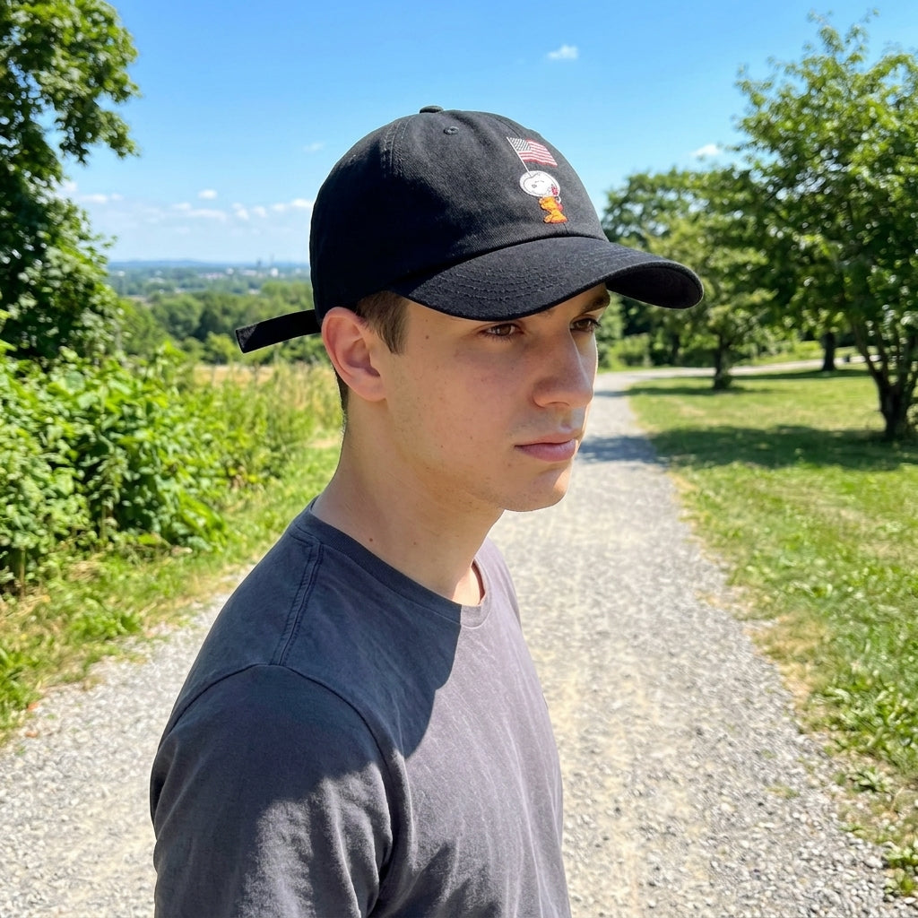 Person wearing Snoopy space embroidered cap outdoors under bright summer sunlight, showcasing fit and design.