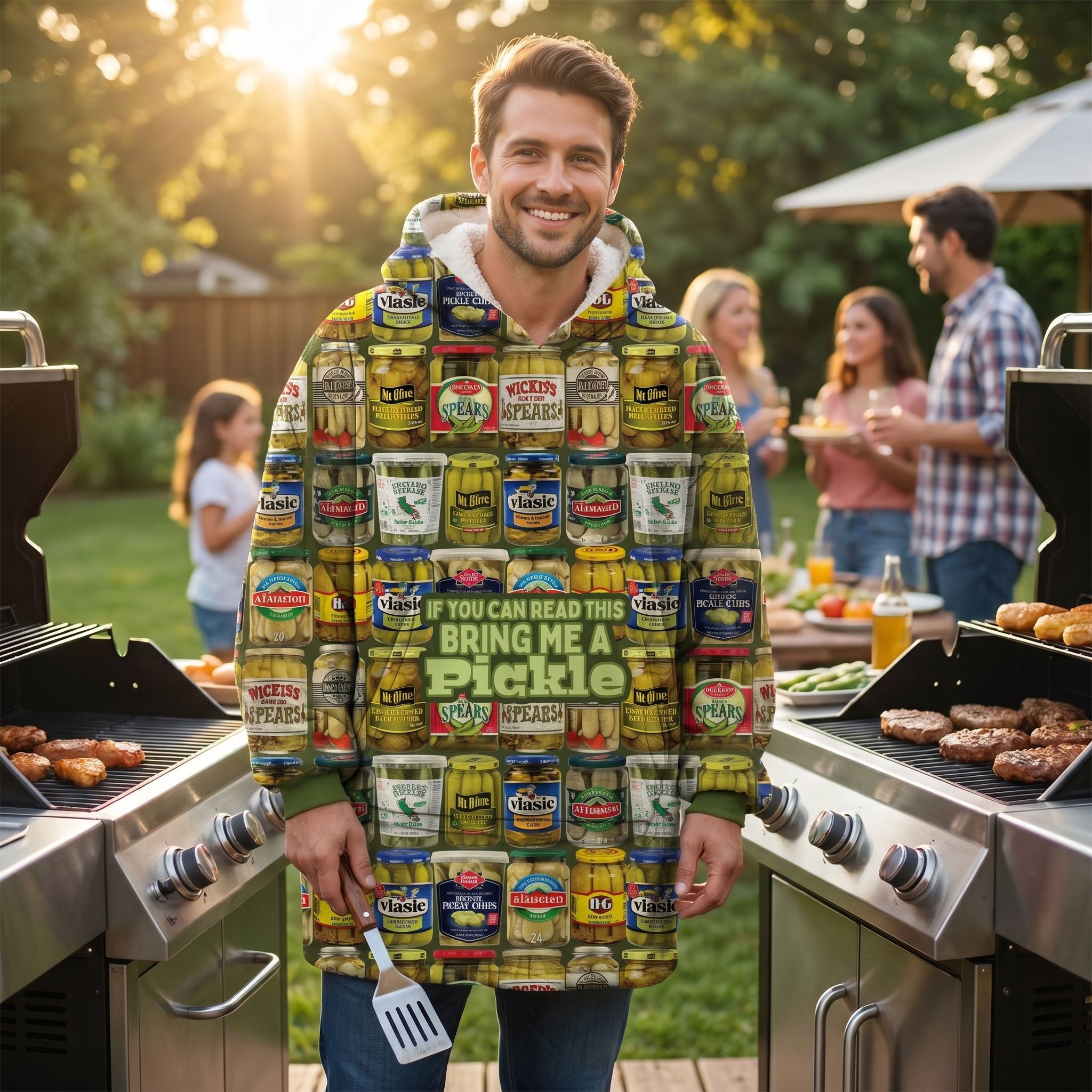 Male model wearing pickle-themed blanket hoodie with pickle jar graphics at summer barbecue with outdoor background.