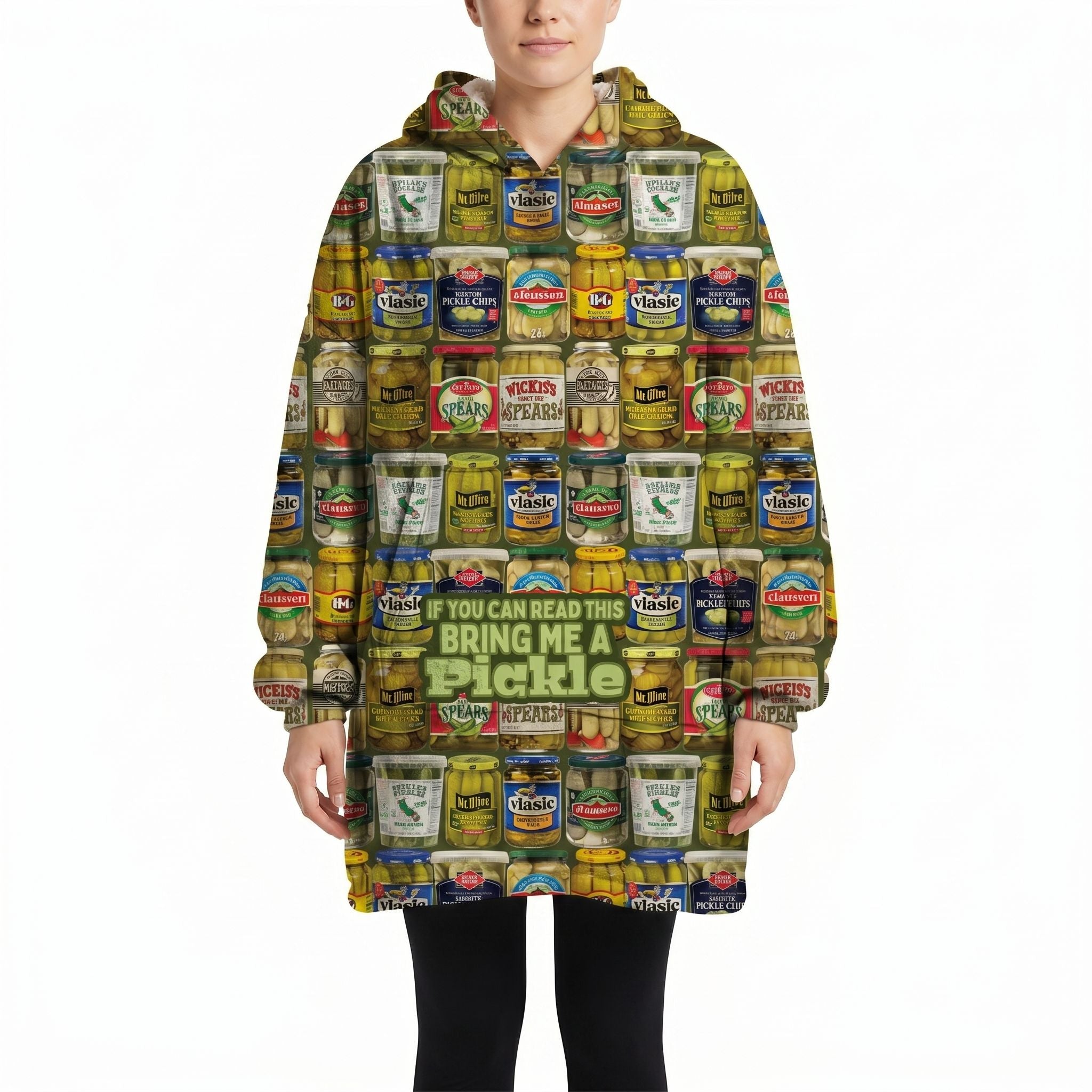 Model wearing Pickle Blanket Hoodie displaying pickle jar design against a white background.