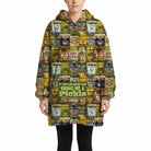 Model wearing Pickle Blanket Hoodie displaying pickle jar design against a white background.
