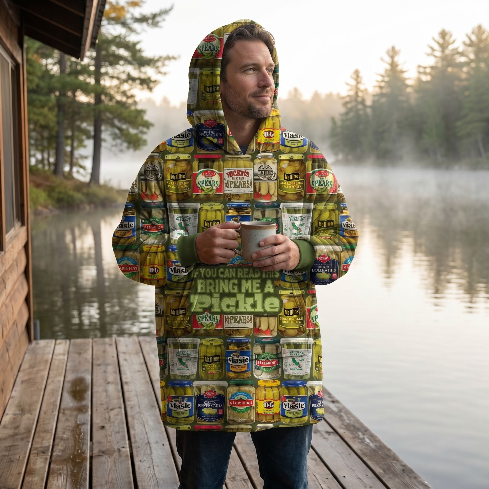 Man in pickle-themed blanket hoodie with pickle jar design on lakeside cabin deck holding coffee mug in morning fog.