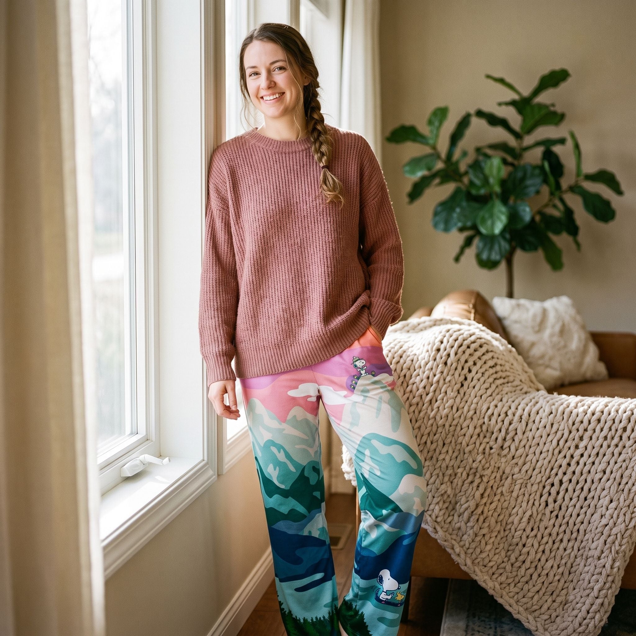 Young woman wearing Snoopy Cosmic Camping Lounge Pants in living room with cozy decor and natural daylight.