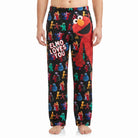 Pop art style image highlighting features of Sesame Street Elmo lounge pants with bold graphics.