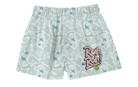 Scooby-Doo Ruh-Roh boxer shorts with teal allover print featuring Scooby-Doo, pizza slices, ghosts, Mystery Machine, and a bold Ruh-Roh logo on the leg.