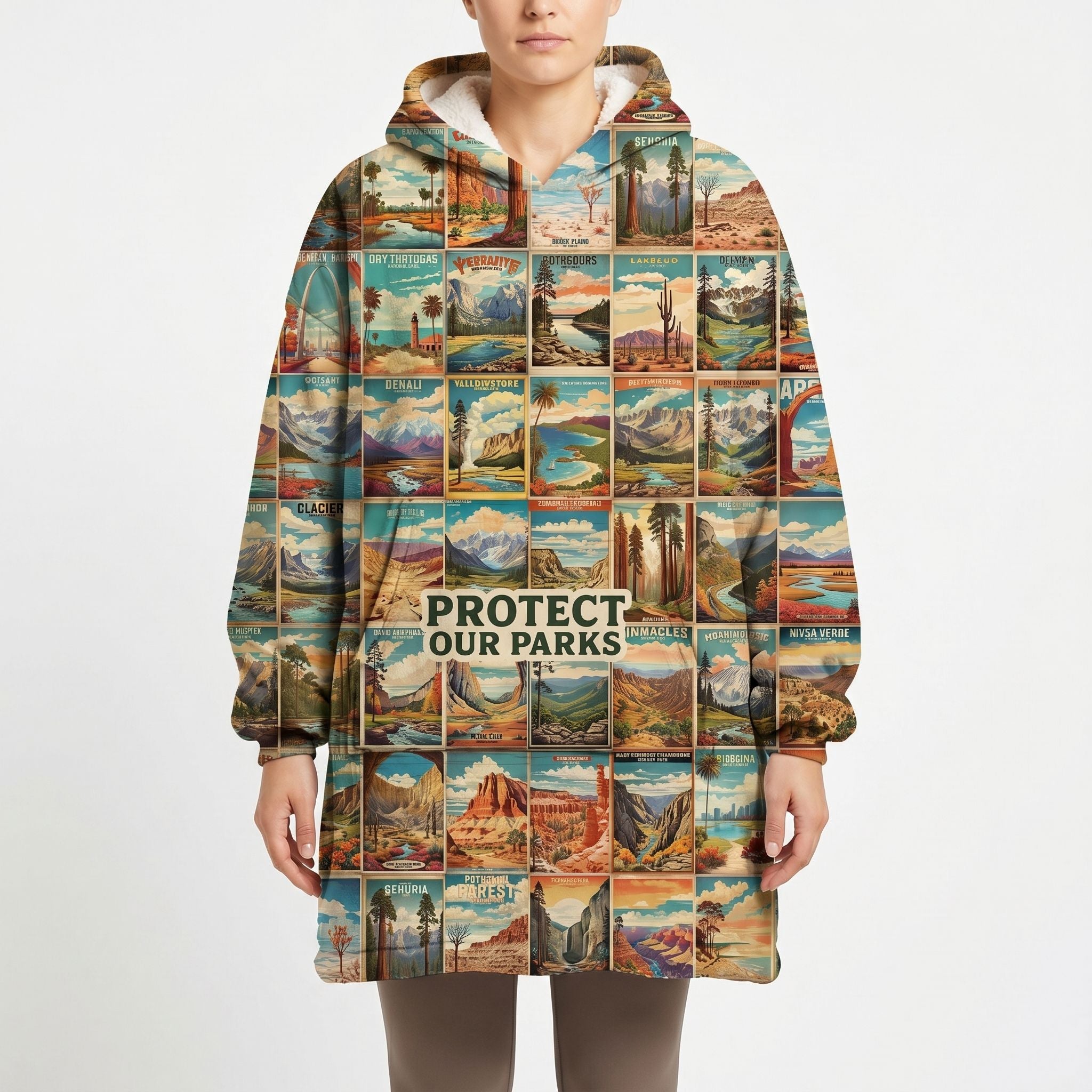 Model wearing Protect Our Parks blanket hoodie with scenic nature design on a white background.