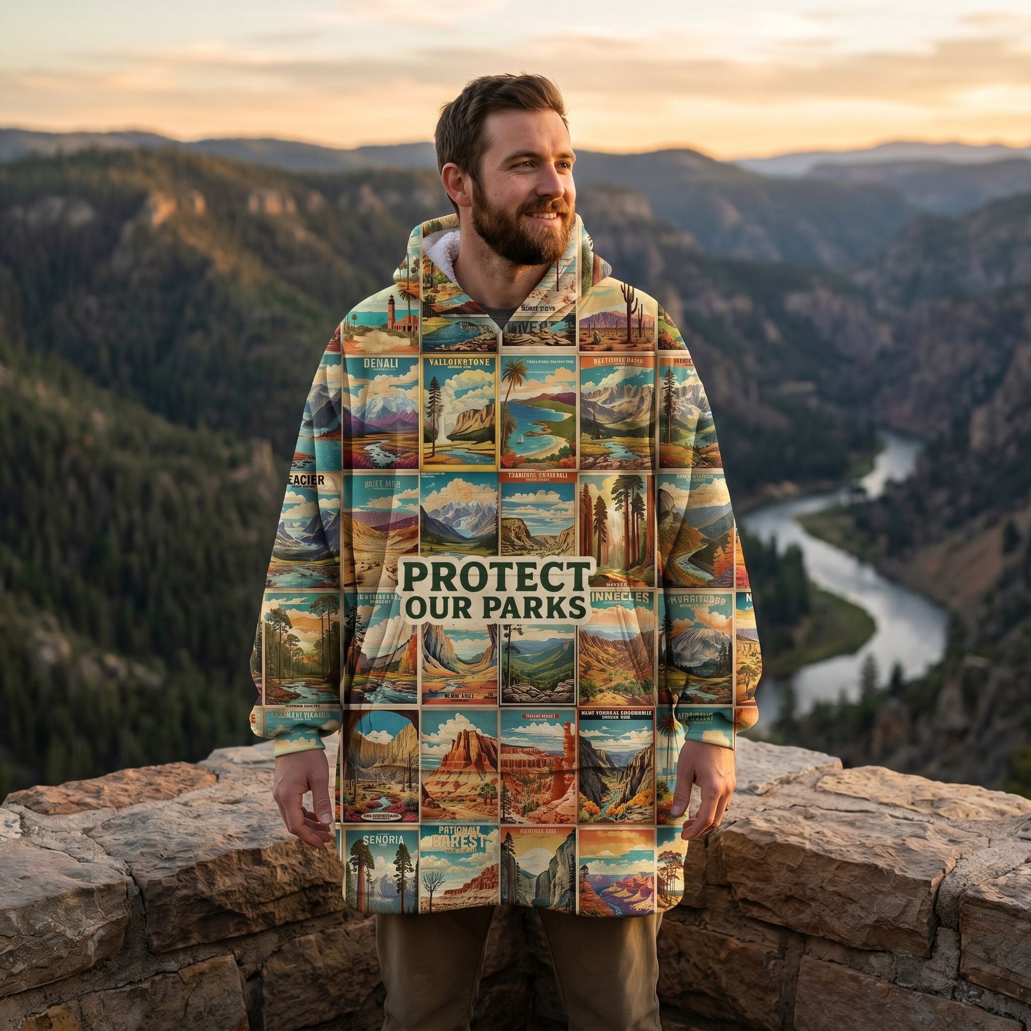 Oversized blanket hoodie with national parks artwork, plush fleece exterior, sherpa lining, worn outdoors in scenic national park setting.