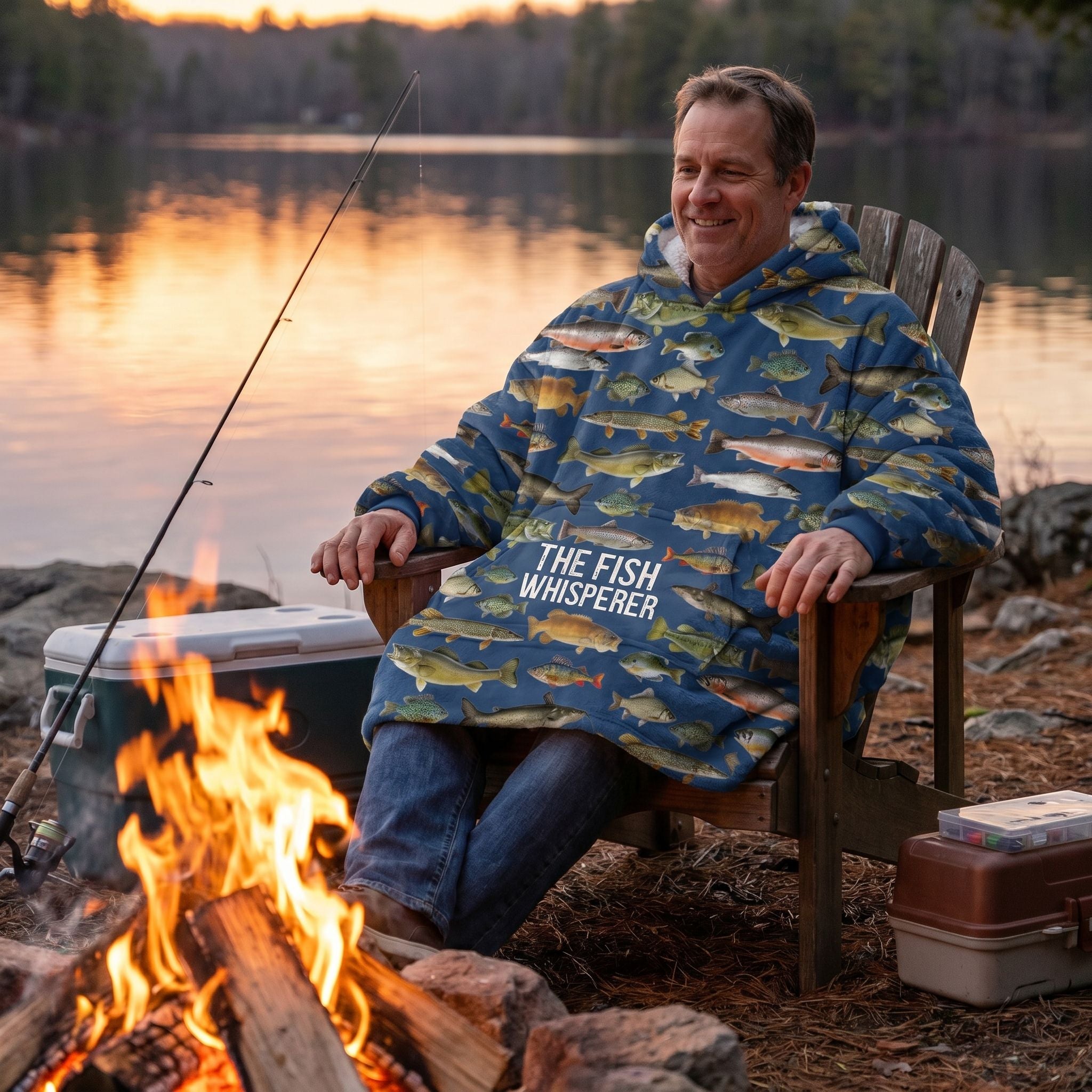 Middle-aged man relaxing in a blanket hoodie with Fish Whisperer design beside a campfire at lakeside during dusk.
