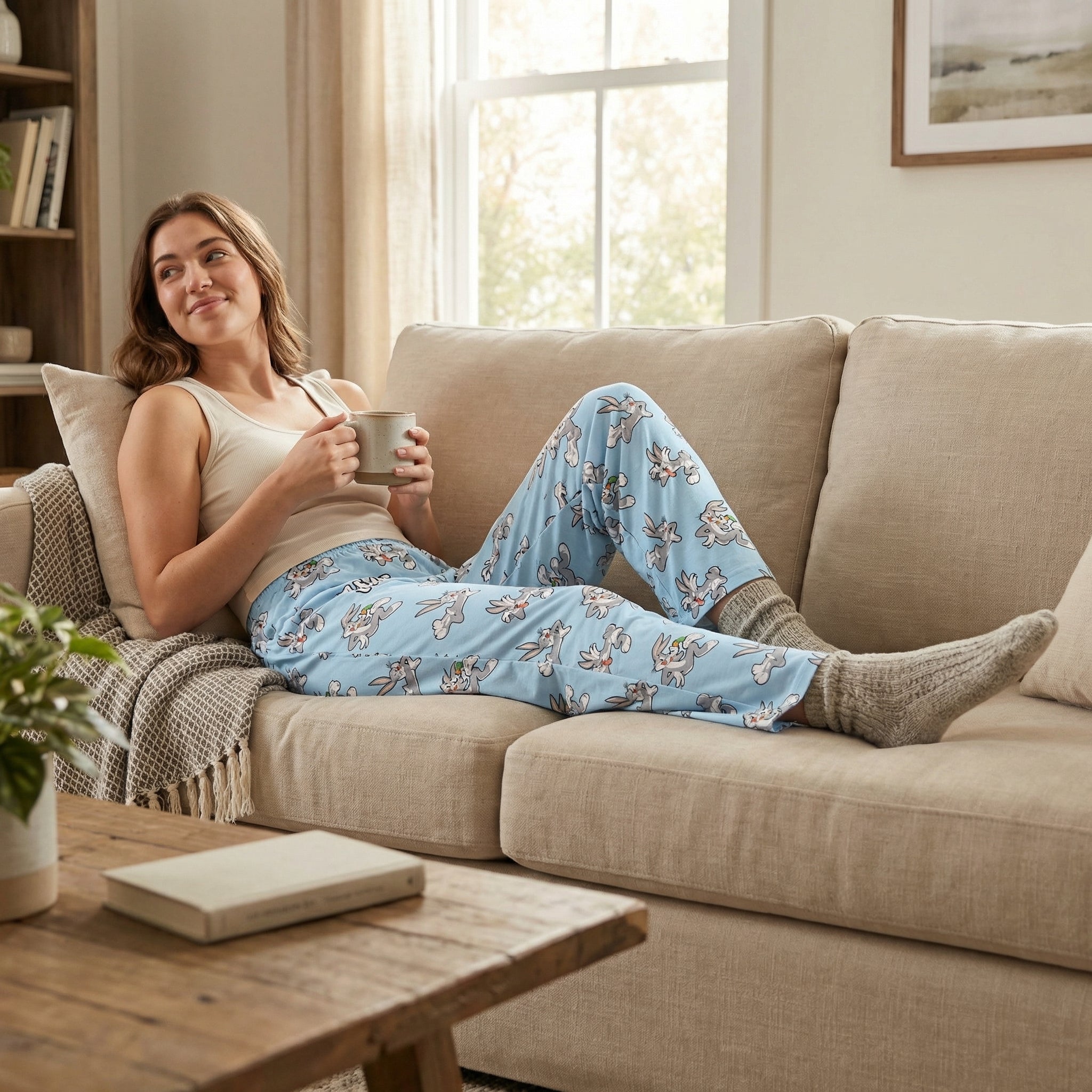 Person relaxing on sofa in Bugs Bunny lounge pants with all-over print, holding a coffee mug in a cozy living room setting.