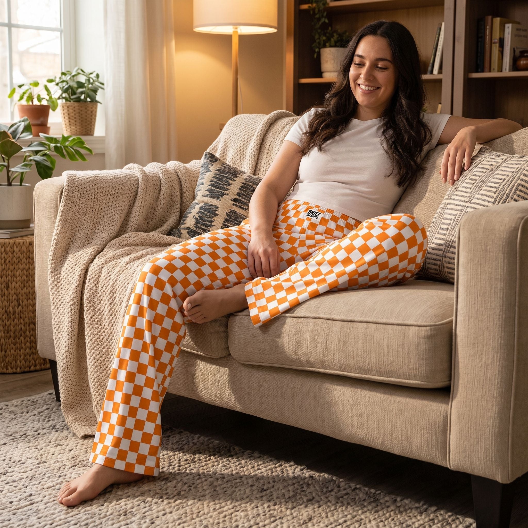 Full-body of a model relaxing in orange checker lounge pants seated on a plush sofa, showcasing their comfortable fit and bright colors.