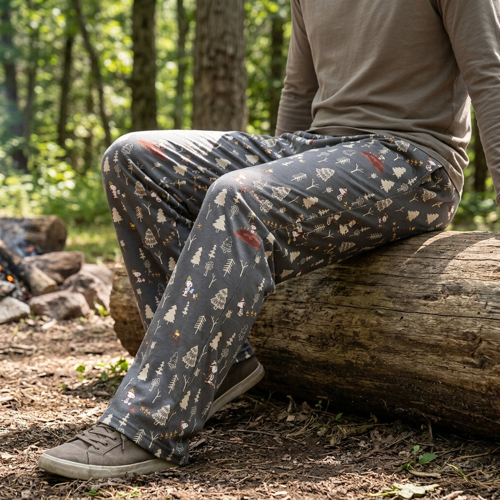 Full-body outdoor shot of person wearing comfortable Snoopy lounge pants in a natural park setting, highlighting relaxed fit.