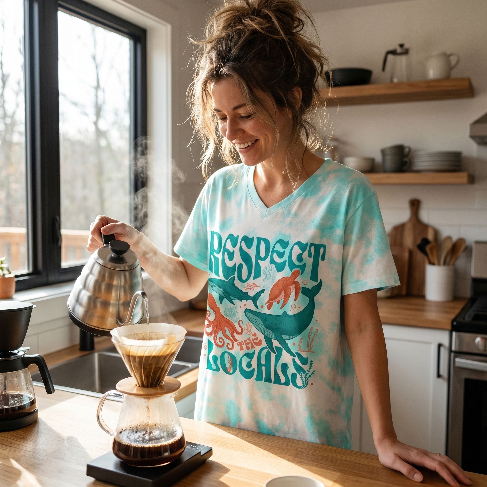 Full-body view of a woman relaxing on a sandy beach wearing the Respect The Locals Night Shirt with marine life illustrations.