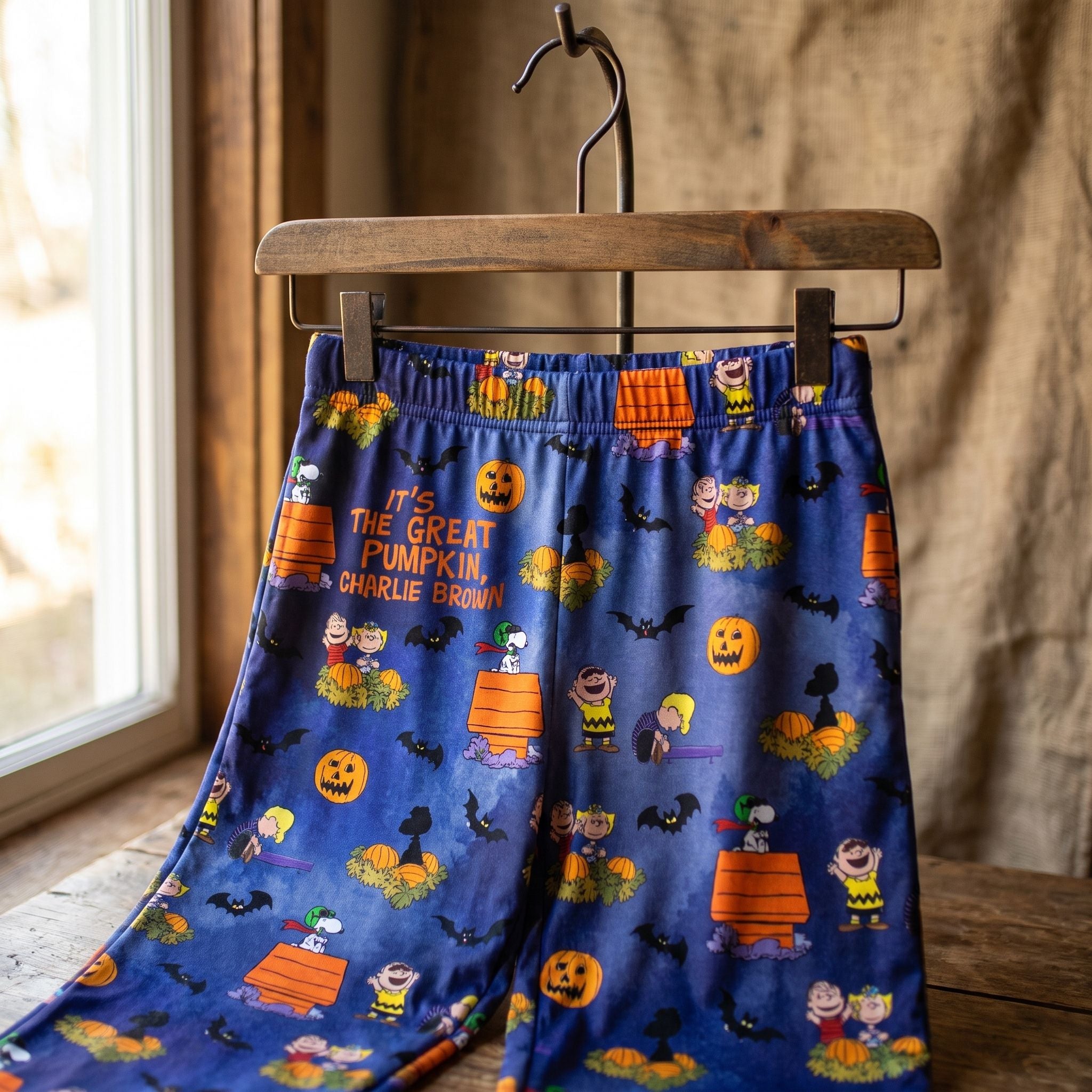 Close-up of Charlie Brown Great Pumpkin Lounge Pants on rustic hanger, highlighting fabric texture and playful pumpkin and Snoopy prints.