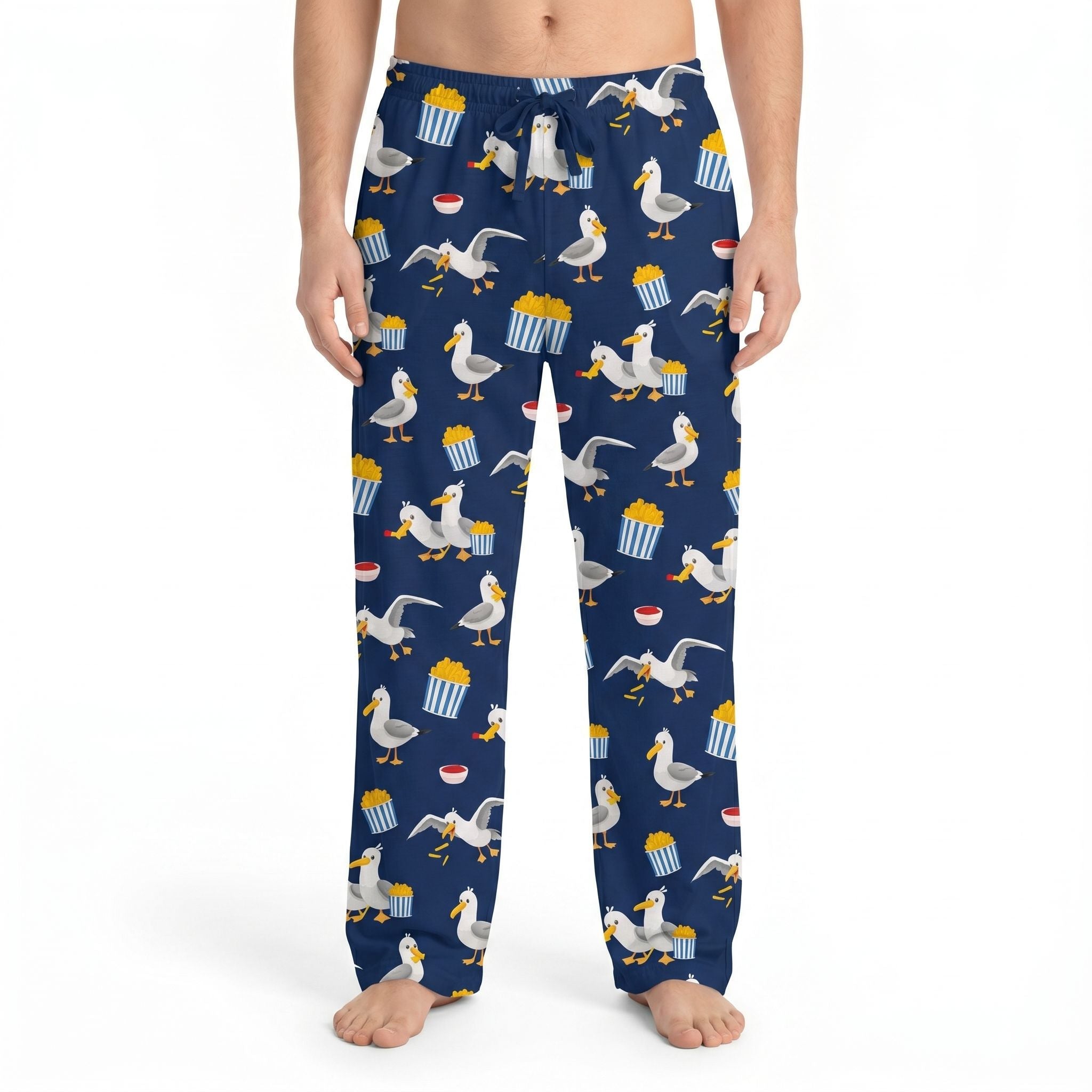 Studio image of Seagull French Fry Lounge Pants on a model with vivid colors, centered on white background, showcasing the exact print and fit.