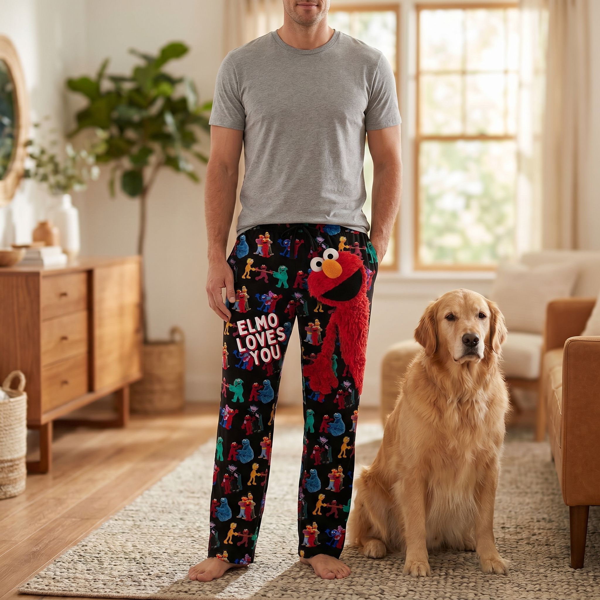 Male model wearing Sesame Street Elmo lounge pants standing next to a dog in a bright, cozy living room with natural light.