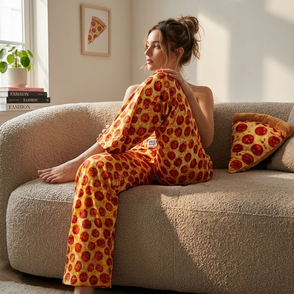 Stylish model seated on sofa wearing Pepperoni Lounge Pants, emphasizing fabric texture, sheen, and food-themed decor with cinematic lighting.