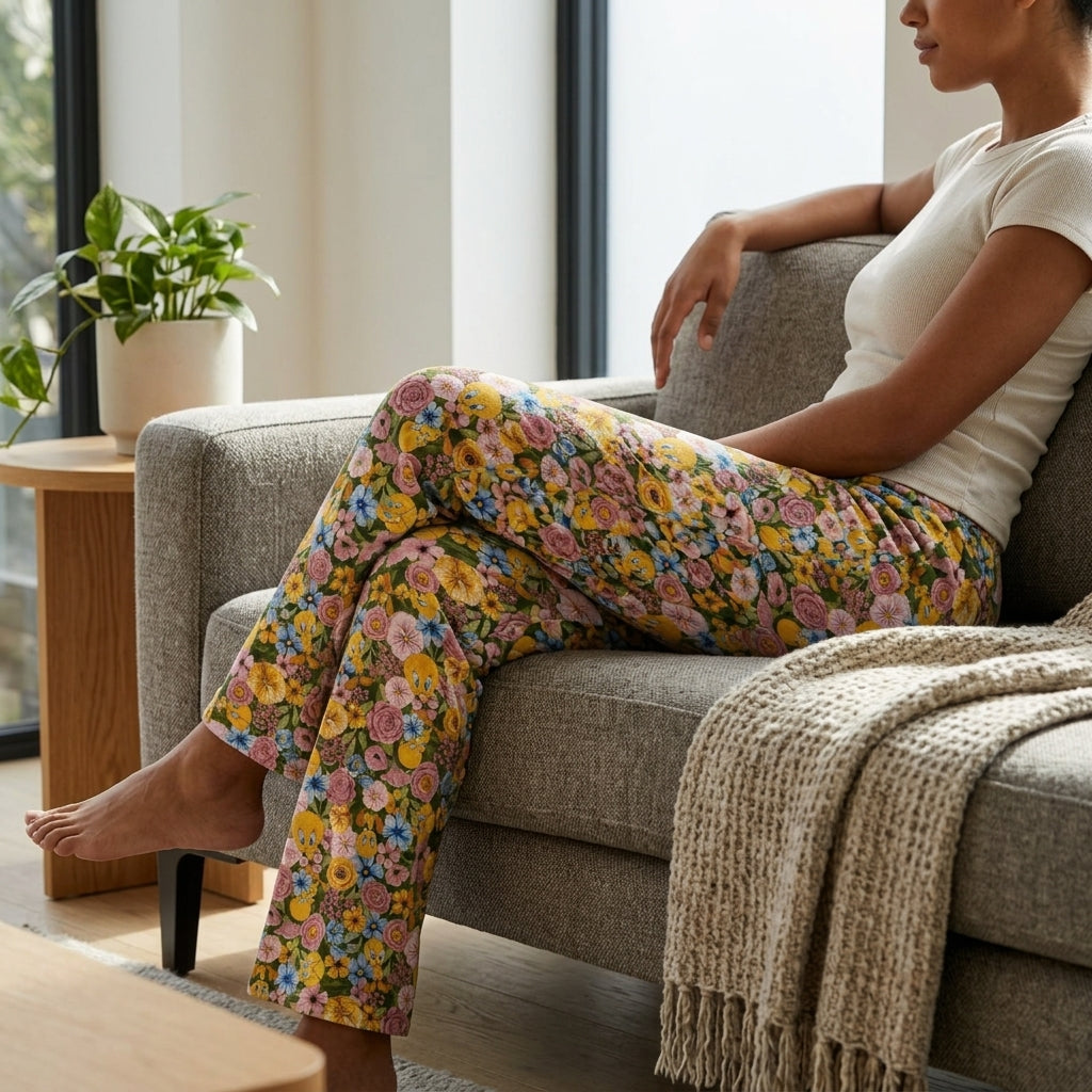 Seated side profile of Floral Tweety Lounge Pants in a modern living room, emphasizing the sleek silhouette and fabric texture.