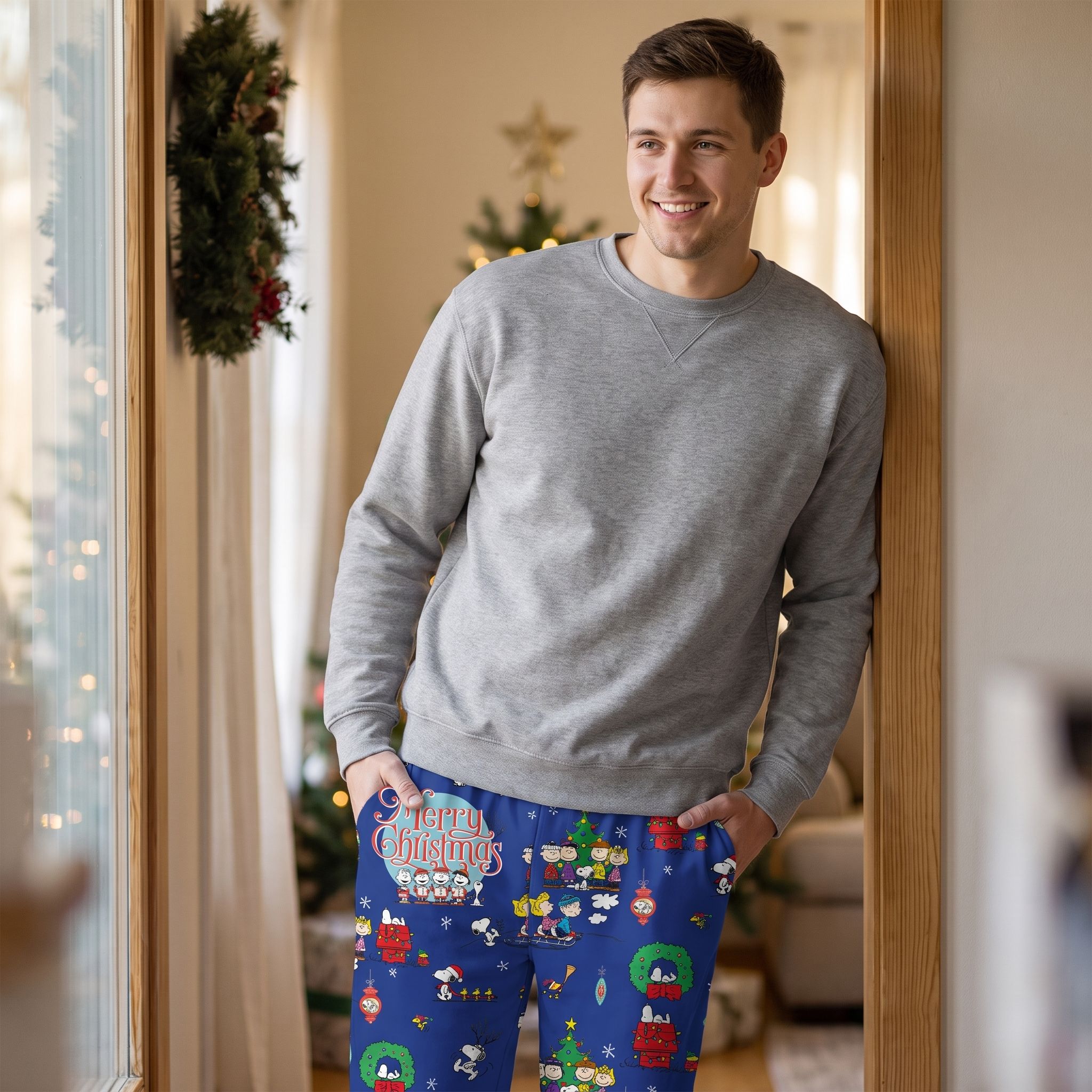 Male model in festive blue Peanuts lounge pants standing near a window with holiday elements and natural daylight.