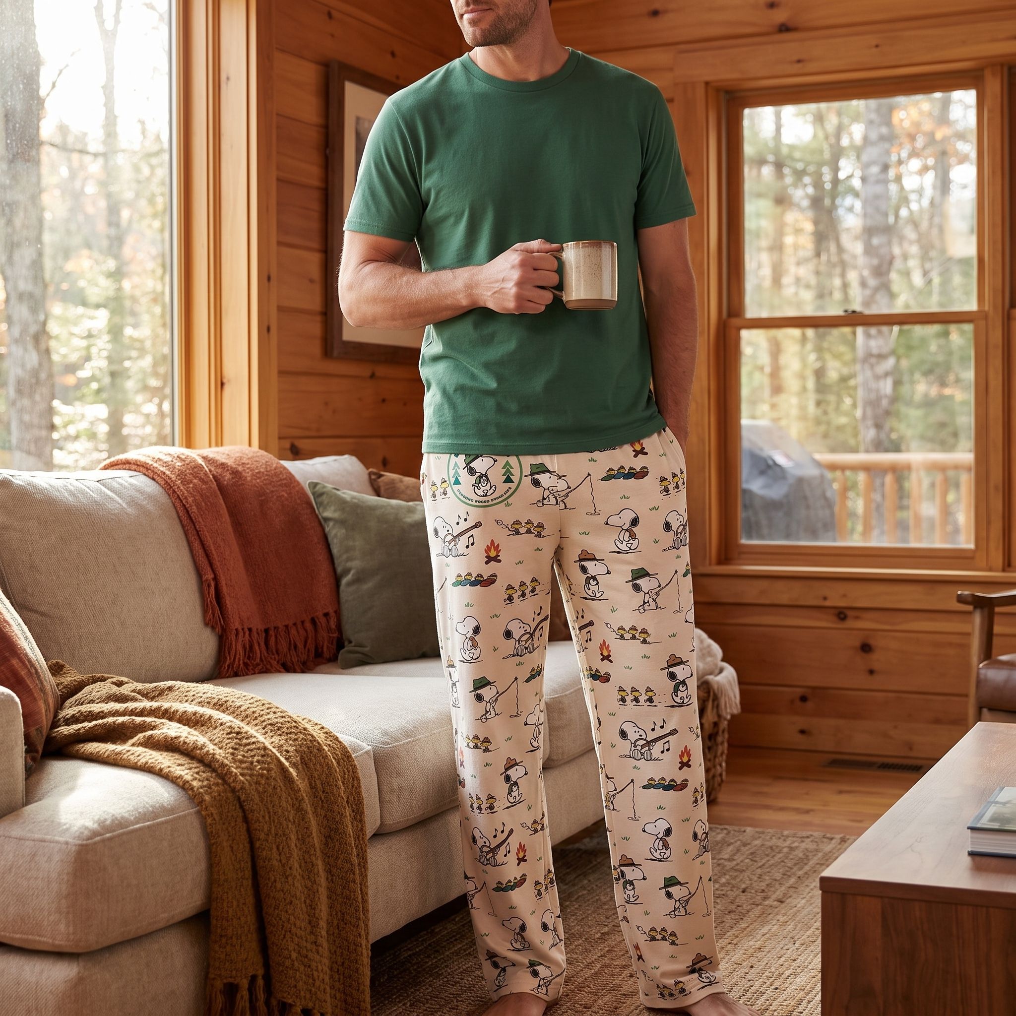 Adult male model wearing Snoopy camping badge lounge pants, relaxing in cozy cabin with natural wood details and large window scene.