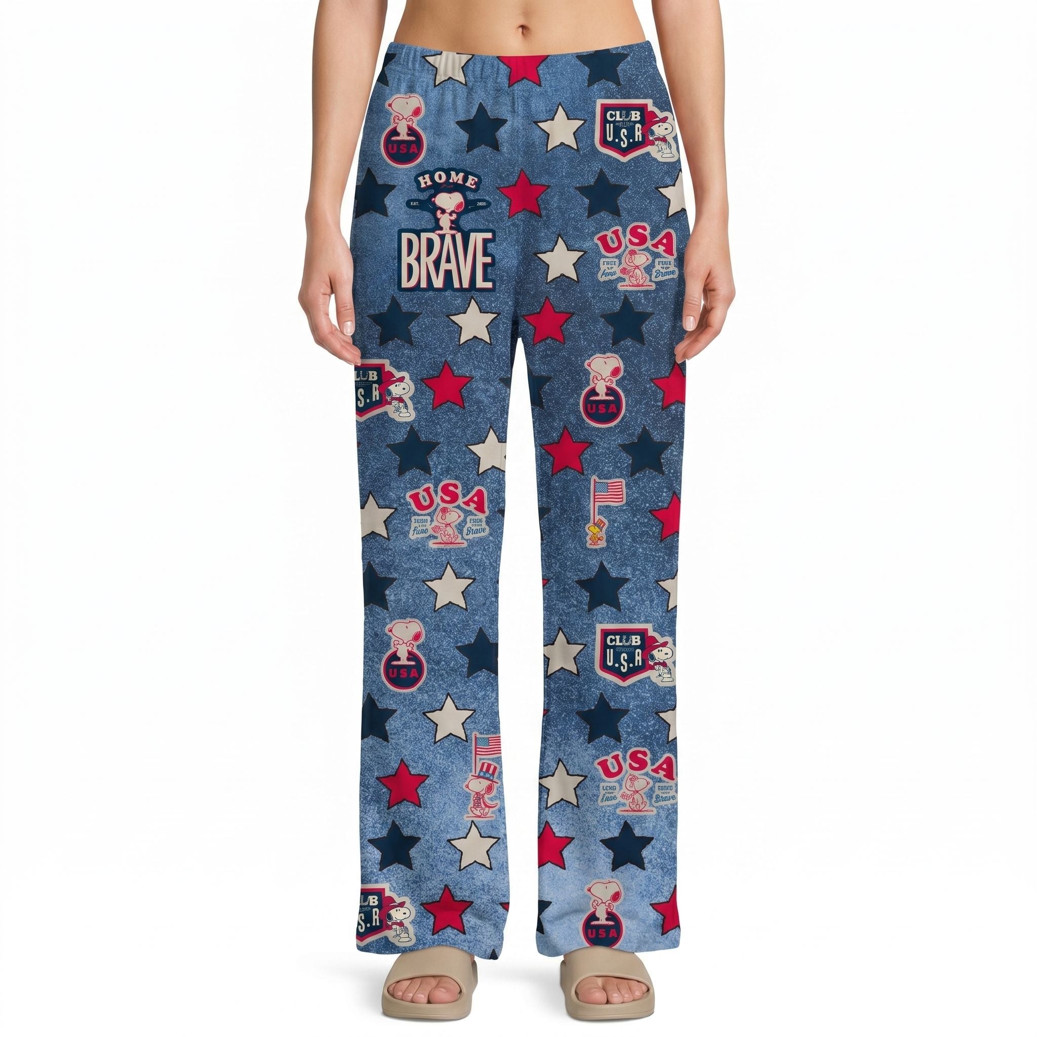 Model wearing Snoopy Club USA Lounge Pants showing patriotic star pattern and playful graphics on a white background