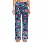 Model wearing Snoopy Club USA Lounge Pants showing patriotic star pattern and playful graphics on a white background