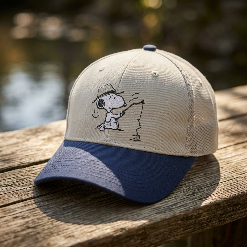 Close-up of Snoopy Fishing Embroidered Cap showing detailed embroidery and textured fabric on rustic outdoor wooden surface.