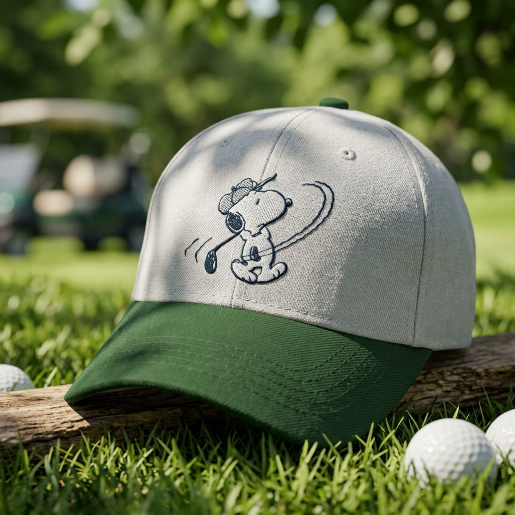 Close-up of Snoopy embroidered cap showing detailed stitching and texture, set outdoors with soft natural lighting highlighting the fabric.